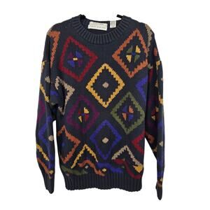 Vtg 90s Y2K Henry Grethel Aztec Sweater Men LG Gray Geometric Dad Grandpa Chunky